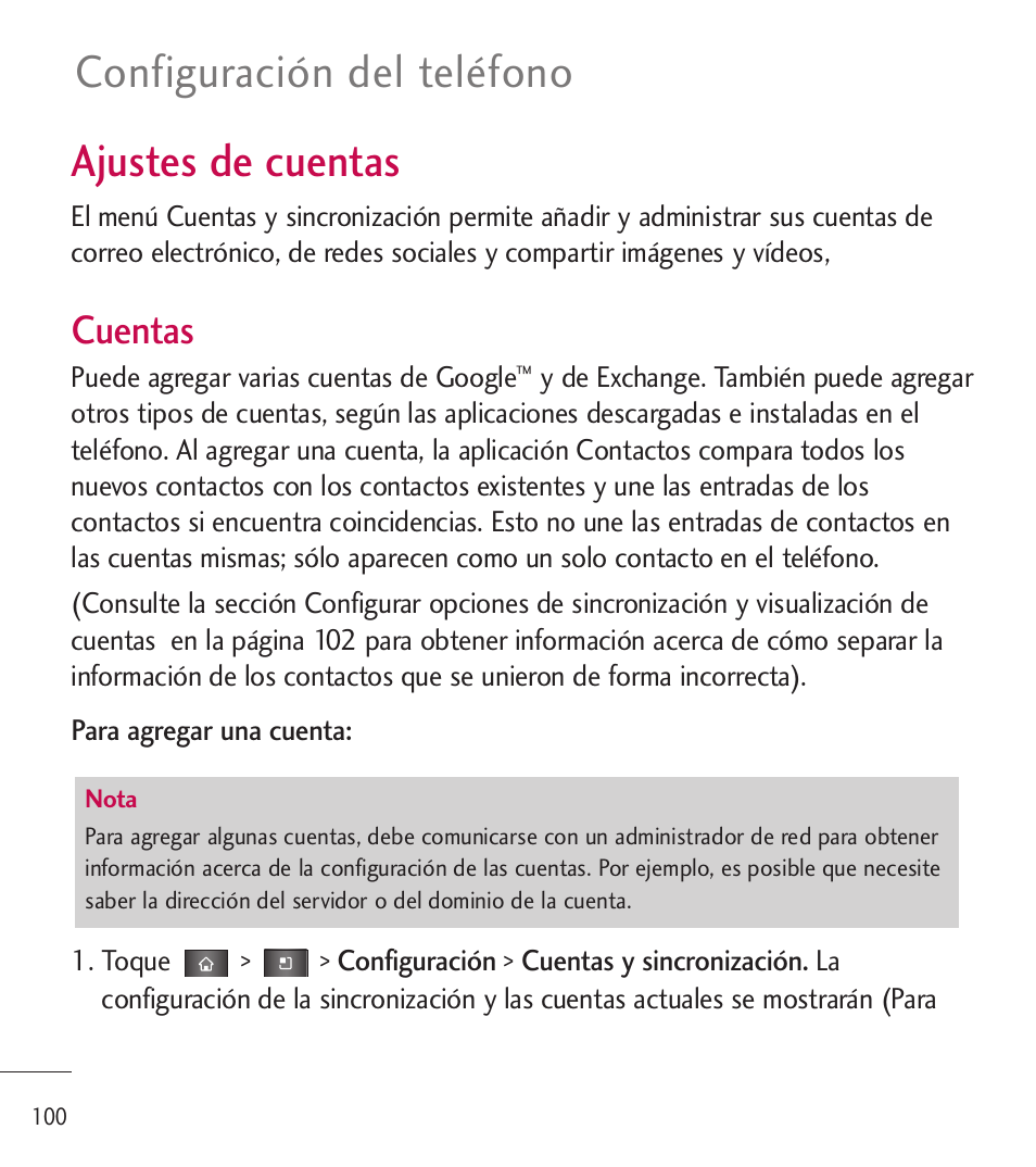 Ajustes de cuentas, Configuración del teléfono, Cuentas | LG LGL85C User Manual | Page 339 / 490