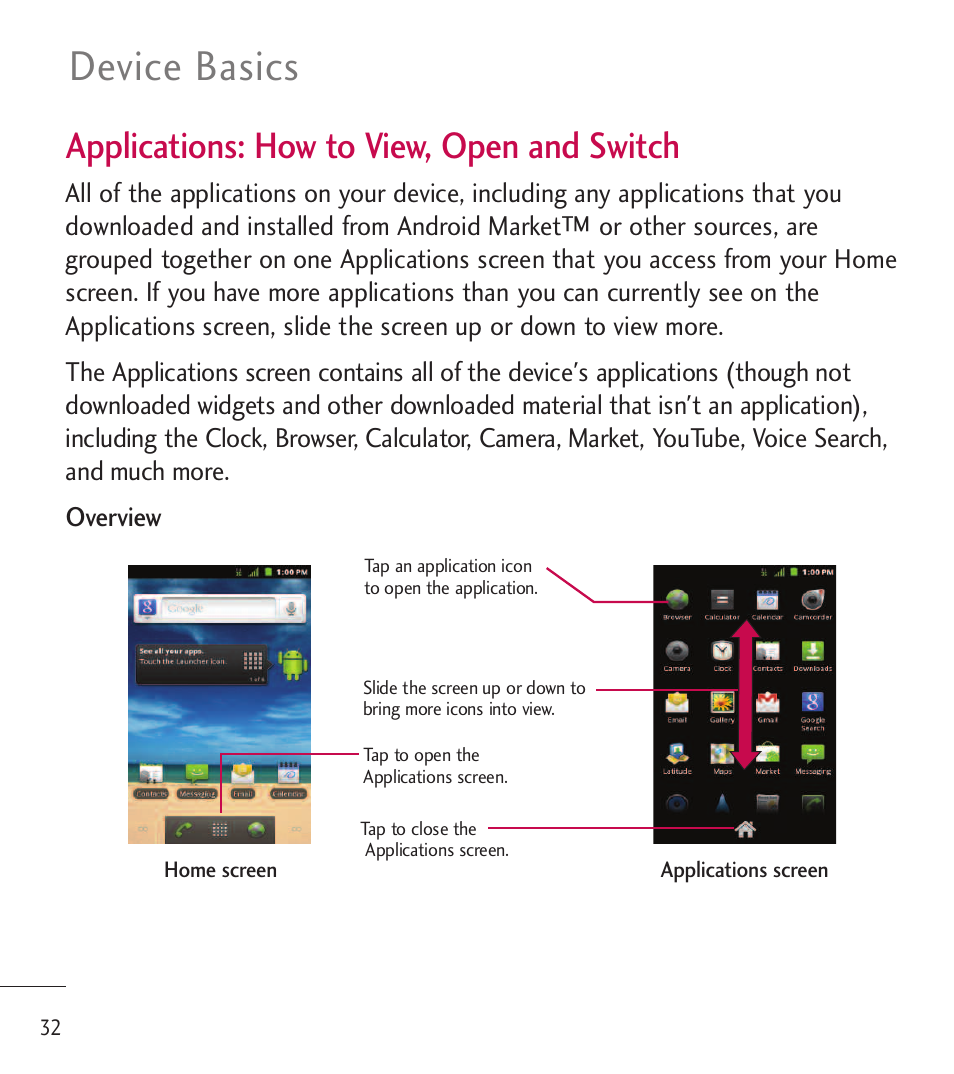 Device basics, Applications: how to view, open and switch | LG LGL85C User Manual | Page 34 / 490