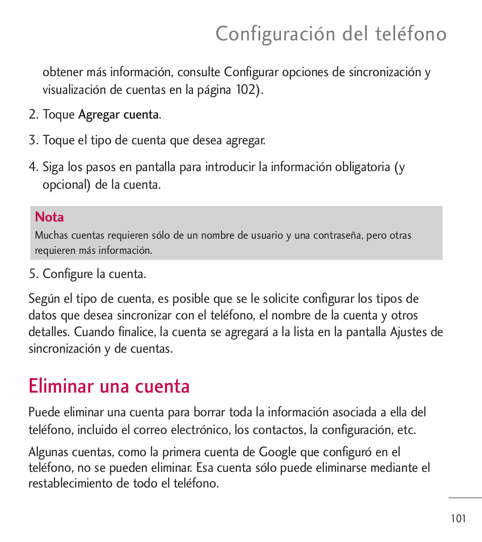 Eliminar una cuenta, Configuración del teléfono | LG LGL85C User Manual | Page 340 / 490