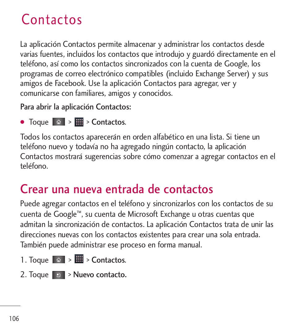 Contactos, Crear una nueva entrada de, Crear una nueva entrada de contactos | LG LGL85C User Manual | Page 345 / 490