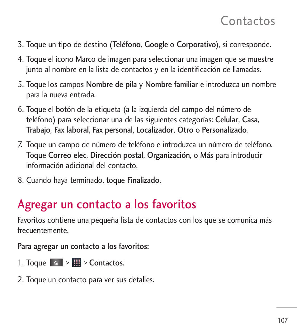 Agregar un contacto a los f, Agregar un contacto a los, Favoritos | Agregar un contacto a los favoritos, Contactos | LG LGL85C User Manual | Page 346 / 490