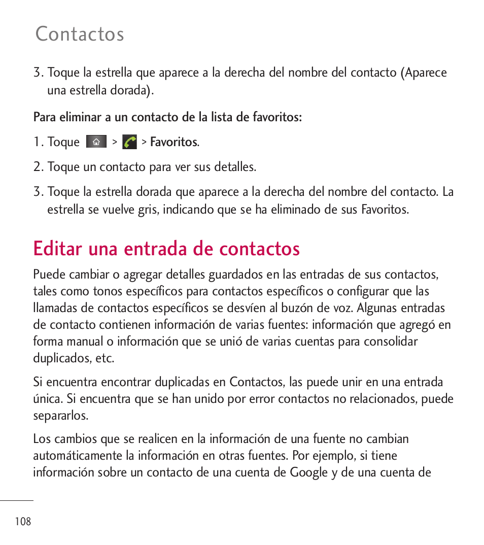 Editar una entrada de contactos, Editar una entrada de contactos 108, Contactos | LG LGL85C User Manual | Page 347 / 490