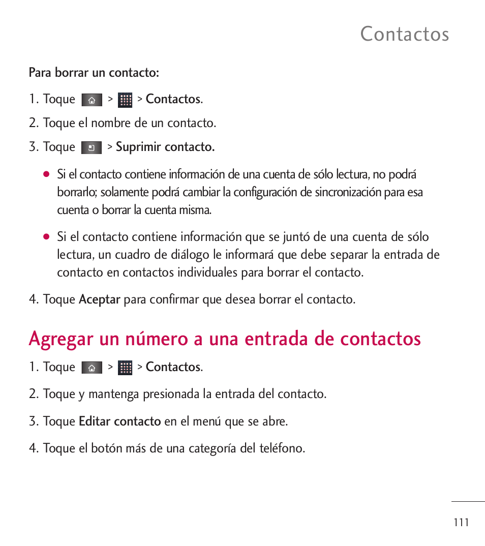 Agregar un número a una ent, Agregar un número a una, Entrada de contactos | Agregar un número a una entrada de contactos, Contactos | LG LGL85C User Manual | Page 350 / 490