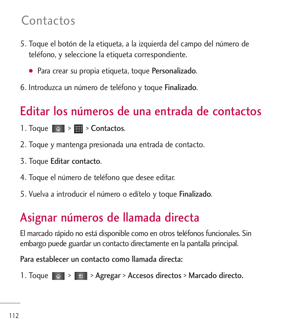 Editar los números de una e, Asignar números de llamada, Editar los números de una | Entrada de contactos, Directa, Editar los números de una entrada de contactos, Asignar números de llamada directa, Contactos | LG LGL85C User Manual | Page 351 / 490