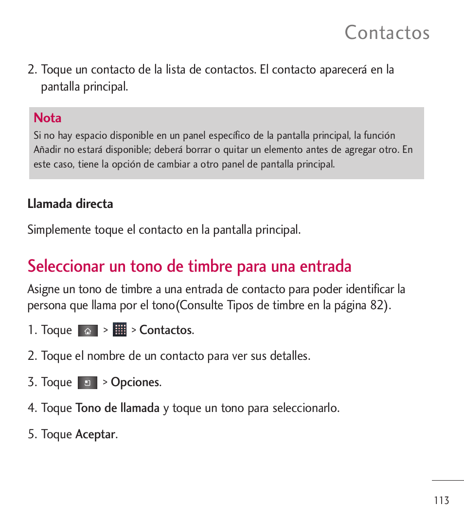 Contactos, Seleccionar un tono de timbre para una entrada | LG LGL85C User Manual | Page 352 / 490