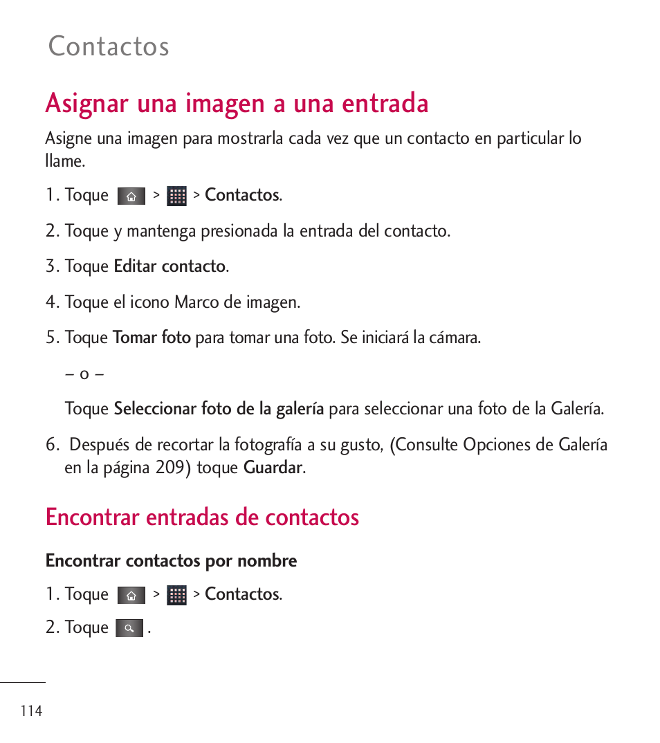 Asignar una imagen a una ent, Asignar una imagen a una entrada114, Asignar una imagen a una entrada | Contactos, Encontrar entradas de contactos | LG LGL85C User Manual | Page 353 / 490