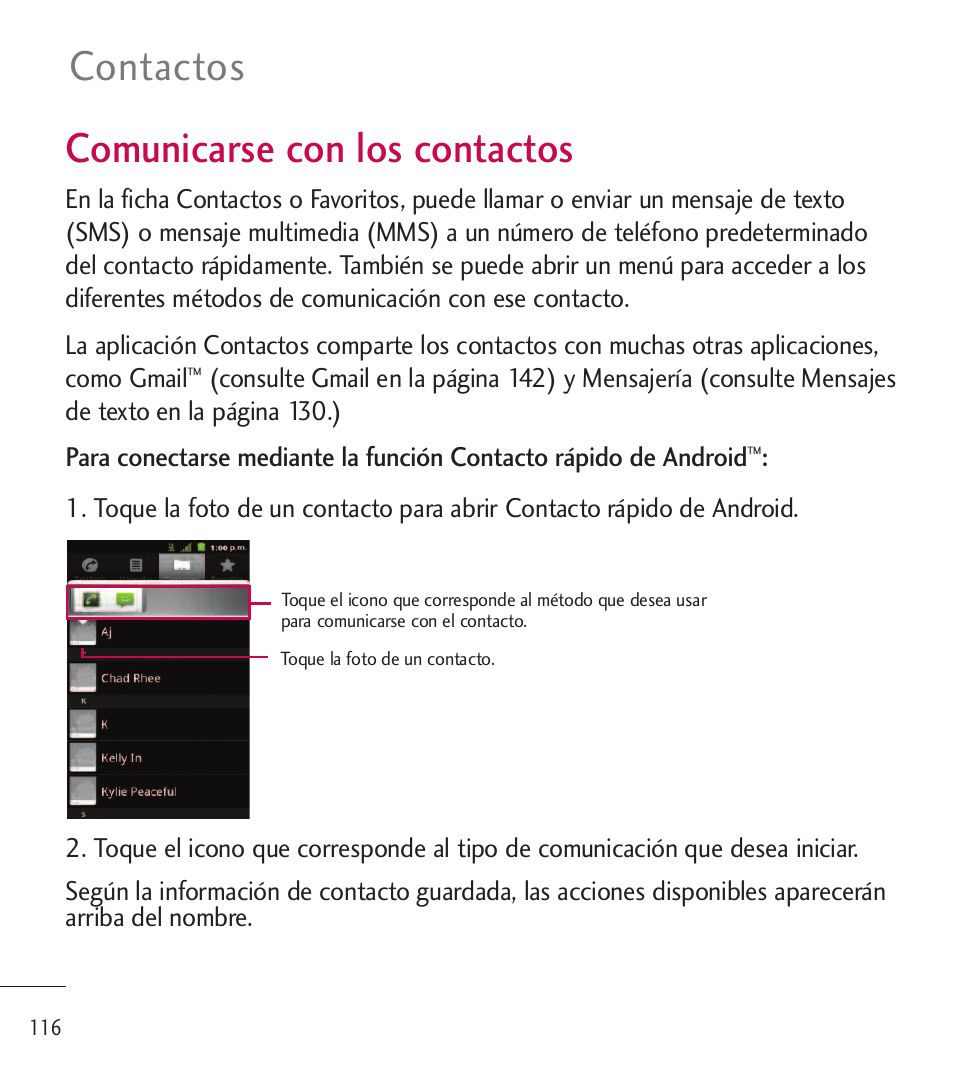 Comunicarse con los contactos, Contactos | LG LGL85C User Manual | Page 355 / 490