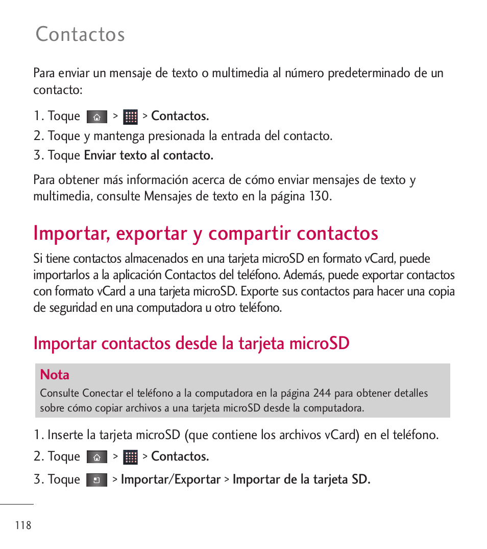 Importar, exportar y compart, Importar, exportar y compartir, Contactos | Importar, exportar y compartir contactos, Importar contactos desde la tarjeta microsd | LG LGL85C User Manual | Page 357 / 490