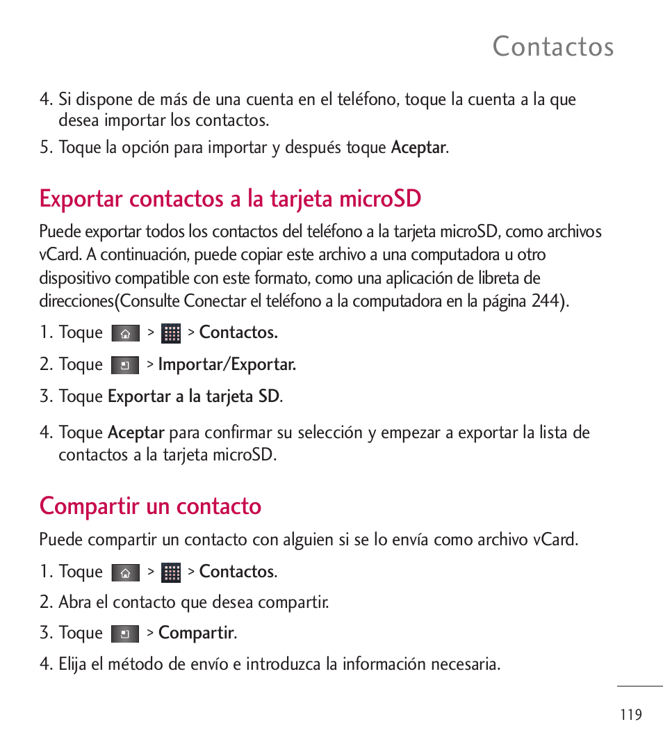 Contactos, Exportar contactos a la tarjeta microsd, Compartir un contacto | LG LGL85C User Manual | Page 358 / 490