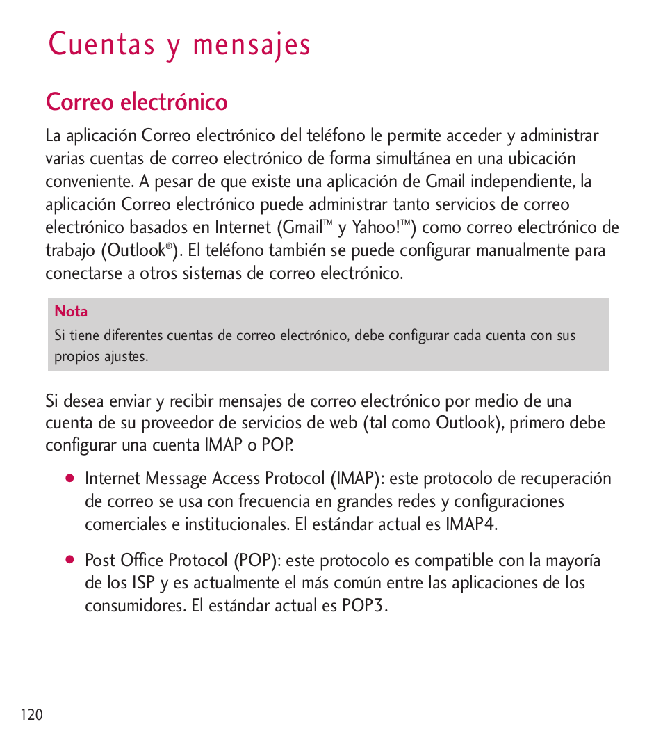 Cuentas y mensajes, Correo electrónico | LG LGL85C User Manual | Page 359 / 490