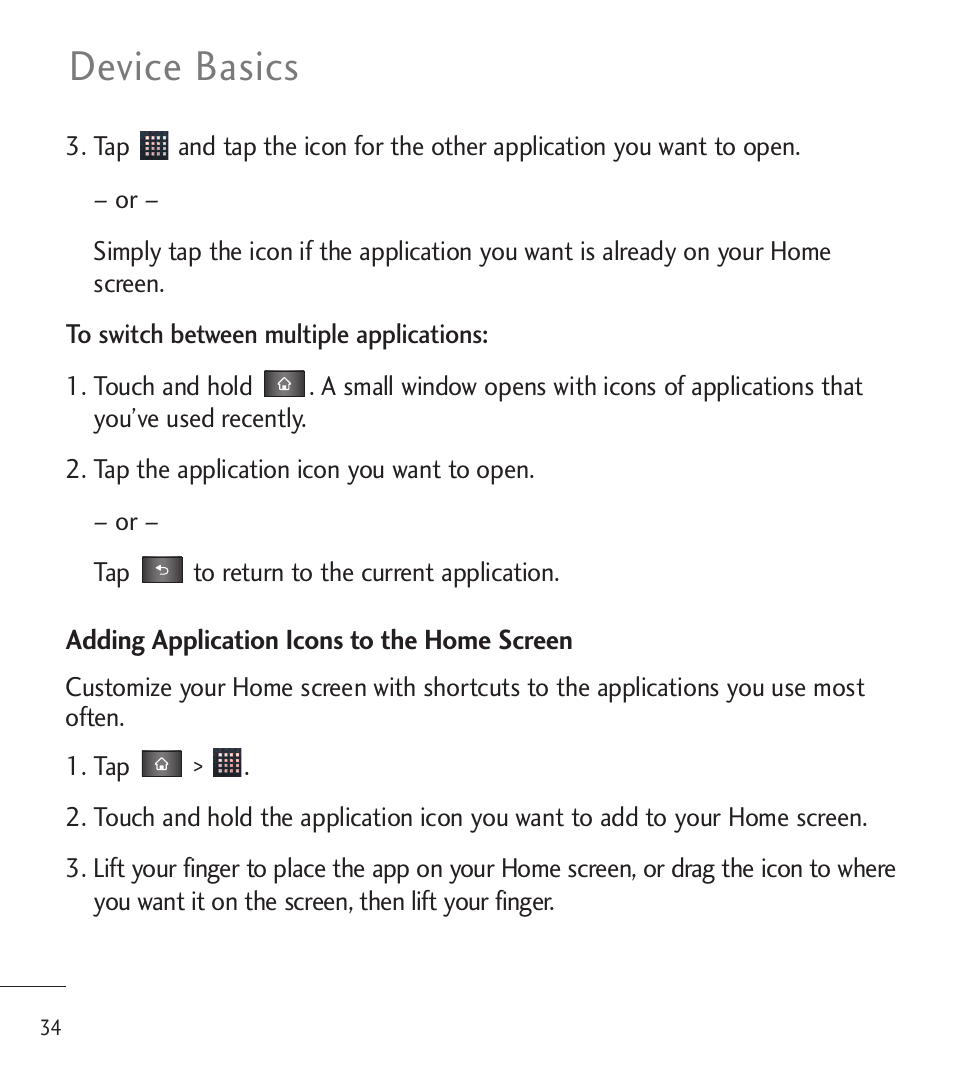 Device basics | LG LGL85C User Manual | Page 36 / 490