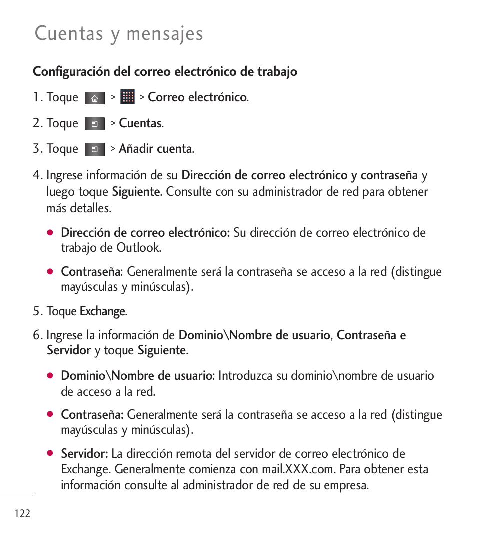 Cuentas y mensajes | LG LGL85C User Manual | Page 361 / 490