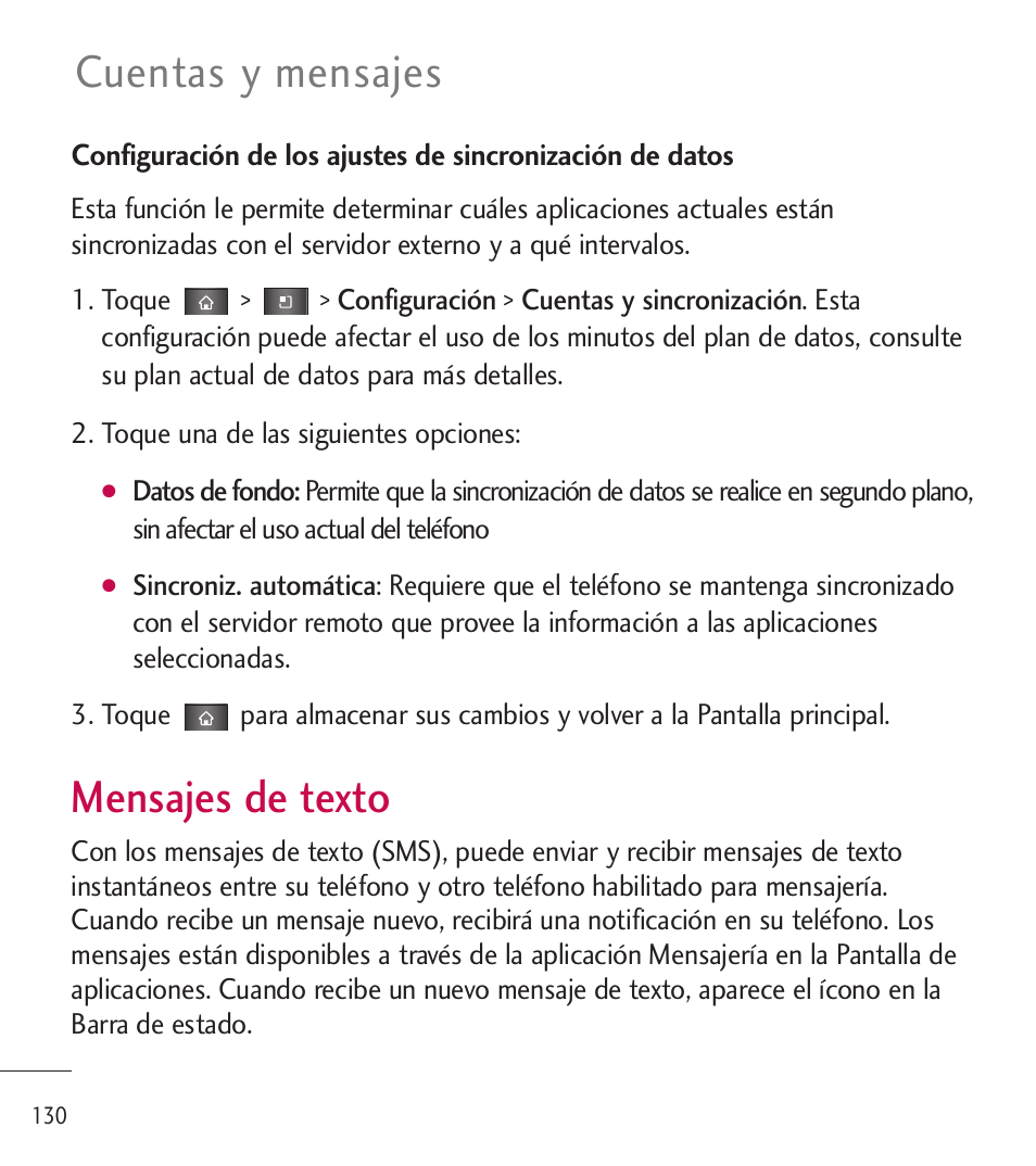 Mensajes de texto, Cuentas y mensajes | LG LGL85C User Manual | Page 369 / 490