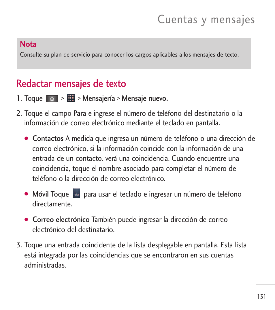 Cuentas y mensajes, Redactar mensajes de texto | LG LGL85C User Manual | Page 370 / 490