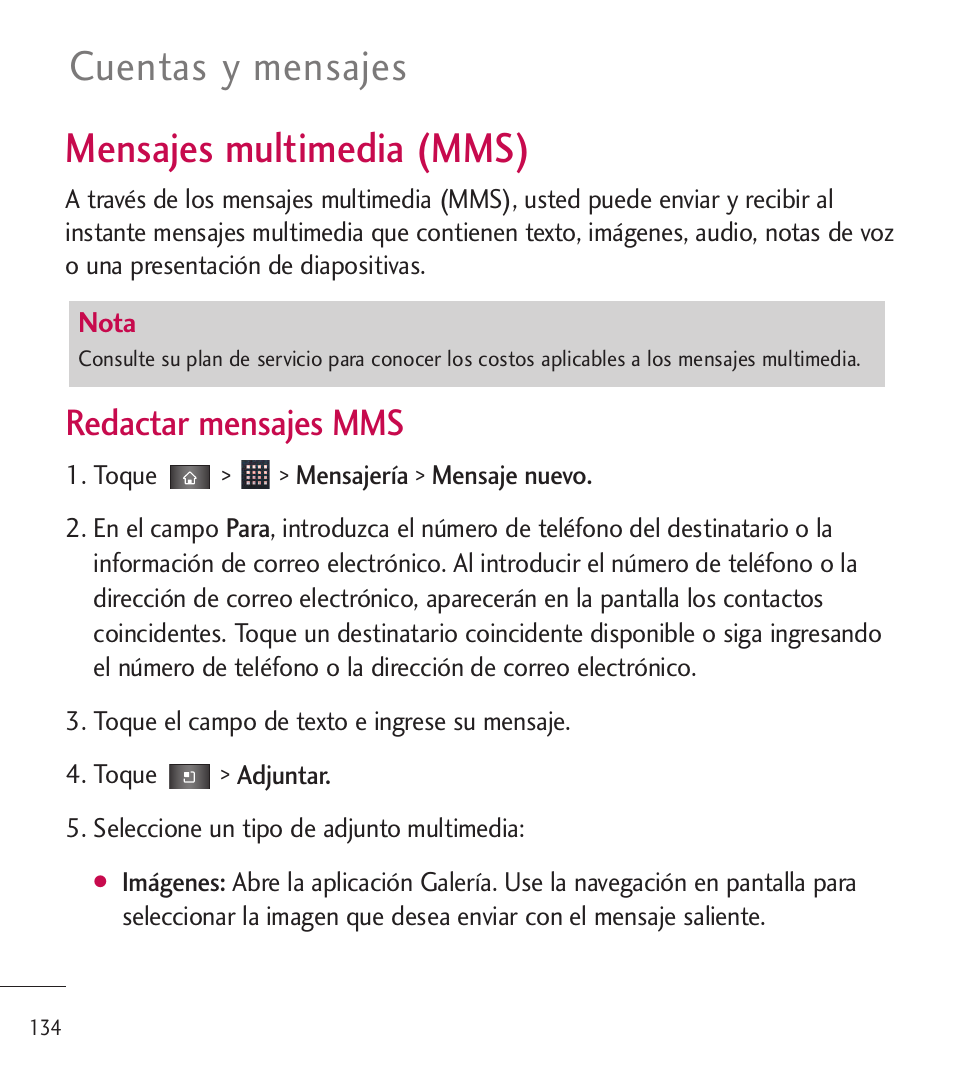 Mensajes multimedia (mms), Cuentas y mensajes, Redactar mensajes mms | LG LGL85C User Manual | Page 373 / 490