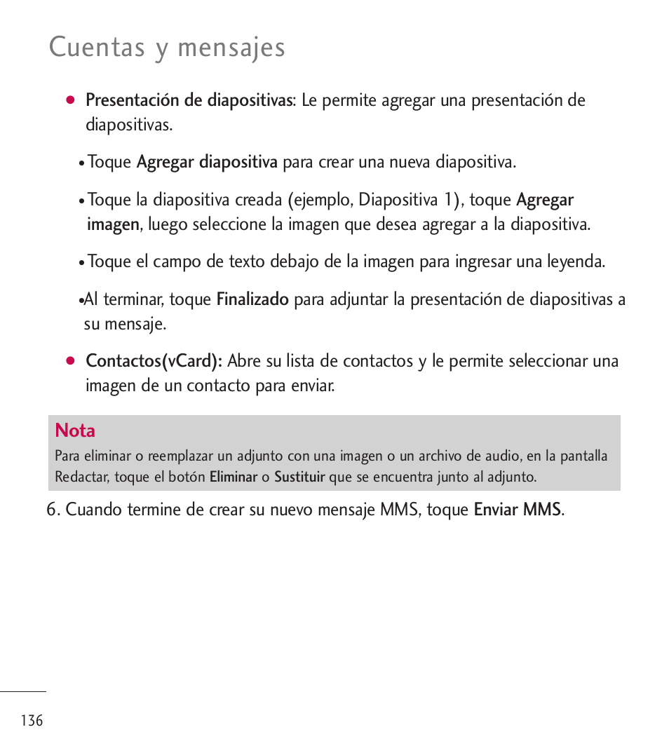 Cuentas y mensajes, Nota | LG LGL85C User Manual | Page 375 / 490