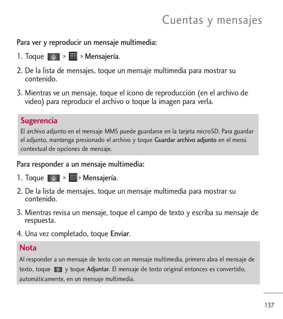 Cuentas y mensajes | LG LGL85C User Manual | Page 376 / 490