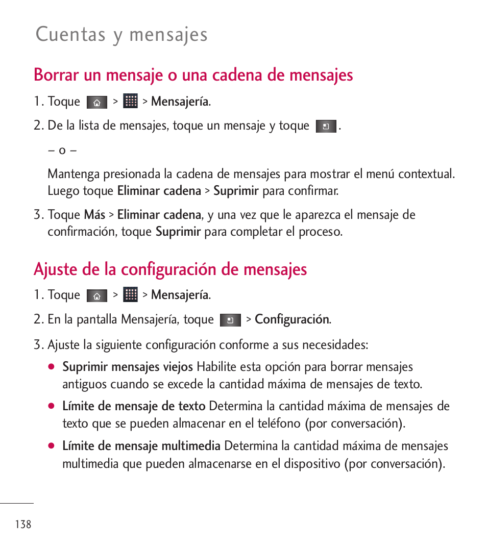 Cuentas y mensajes, Borrar un mensaje o una cadena de mensajes, Ajuste de la configuración de mensajes | LG LGL85C User Manual | Page 377 / 490