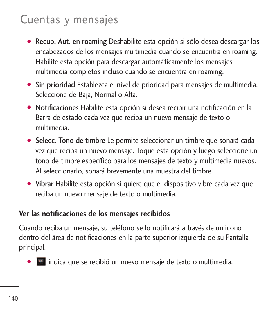 Cuentas y mensajes, Ver las notificaciones de los mensajes recibidos | LG LGL85C User Manual | Page 379 / 490