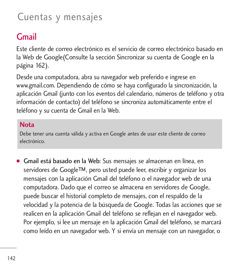 Cuentas y mensajes, Gmail | LG LGL85C User Manual | Page 381 / 490