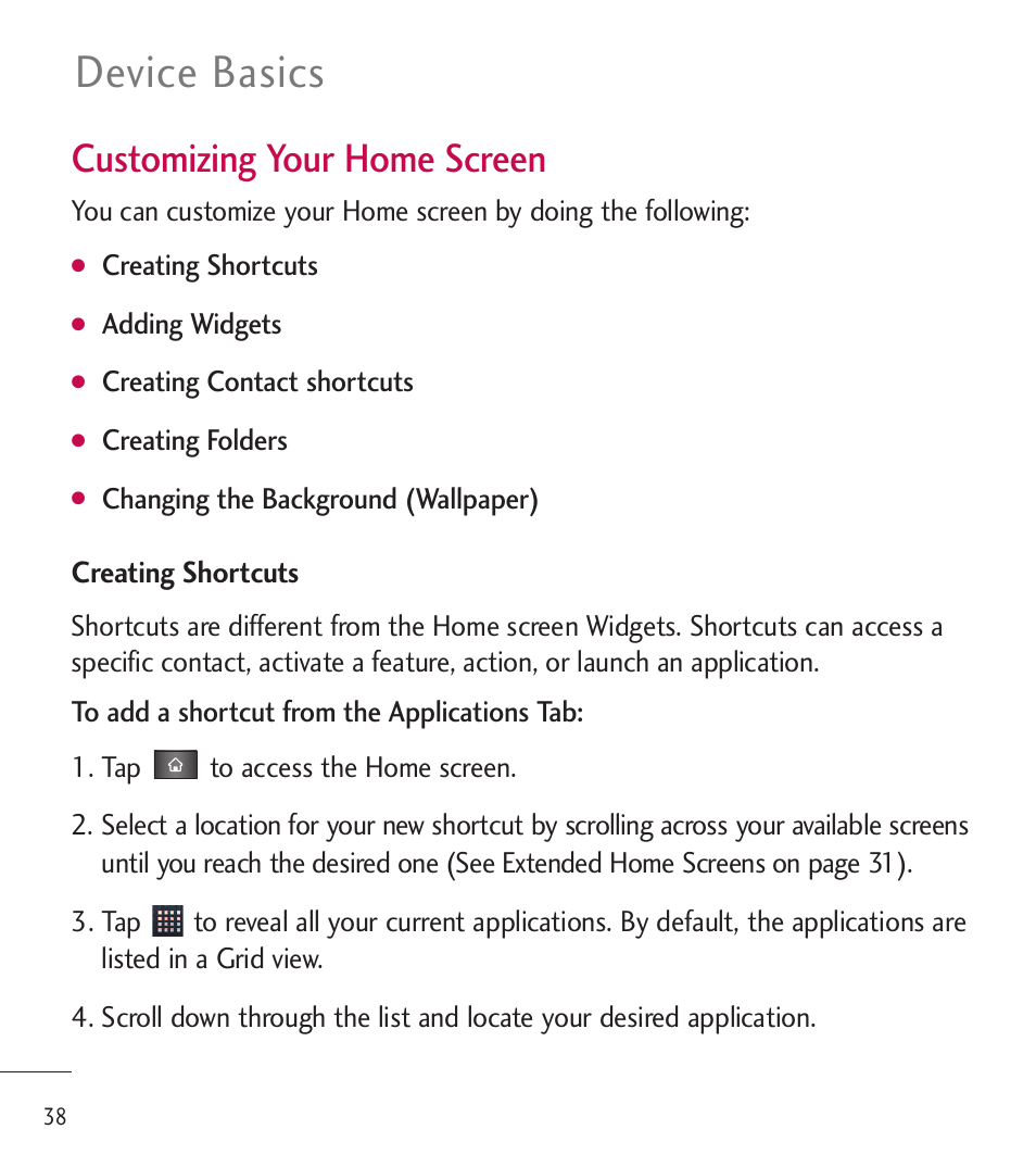 Device basics, Customizing your home screen | LG LGL85C User Manual | Page 40 / 490