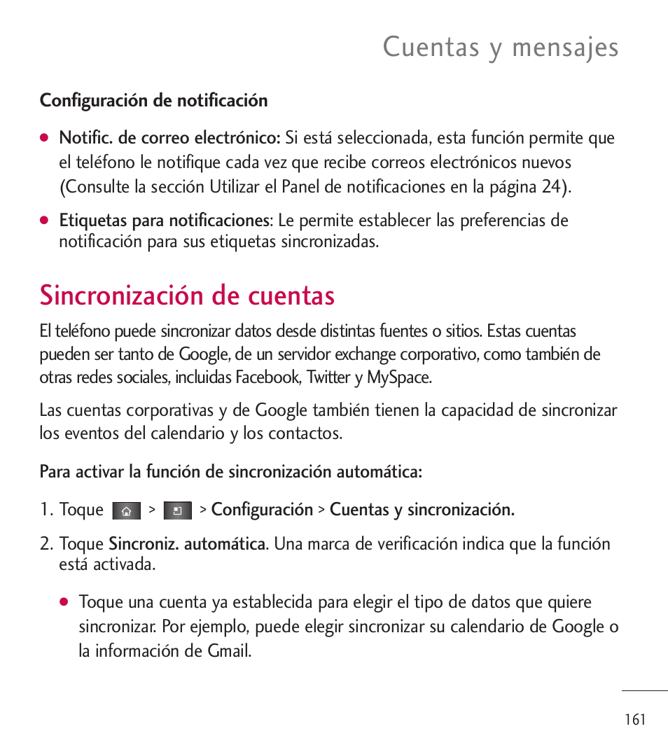 Sincronización de cuentas, Cuentas y mensajes | LG LGL85C User Manual | Page 400 / 490