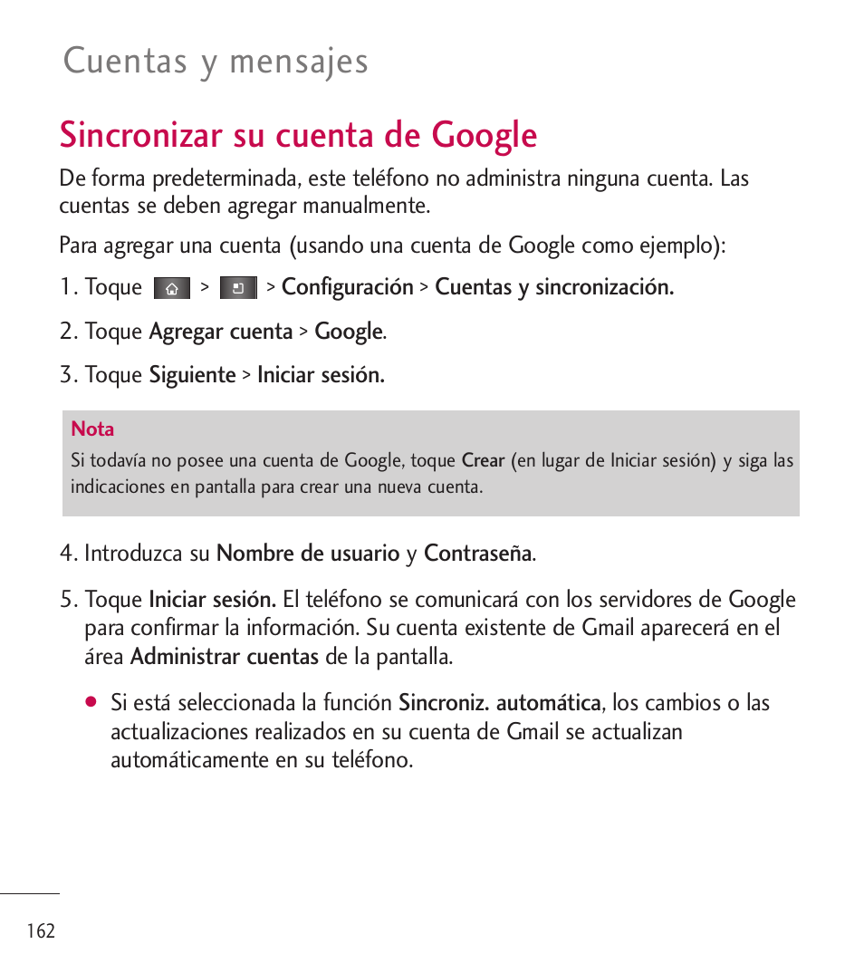 Sincronizar su cuenta de google, Sincronizar su cuenta de google 162, Cuentas y mensajes | LG LGL85C User Manual | Page 401 / 490