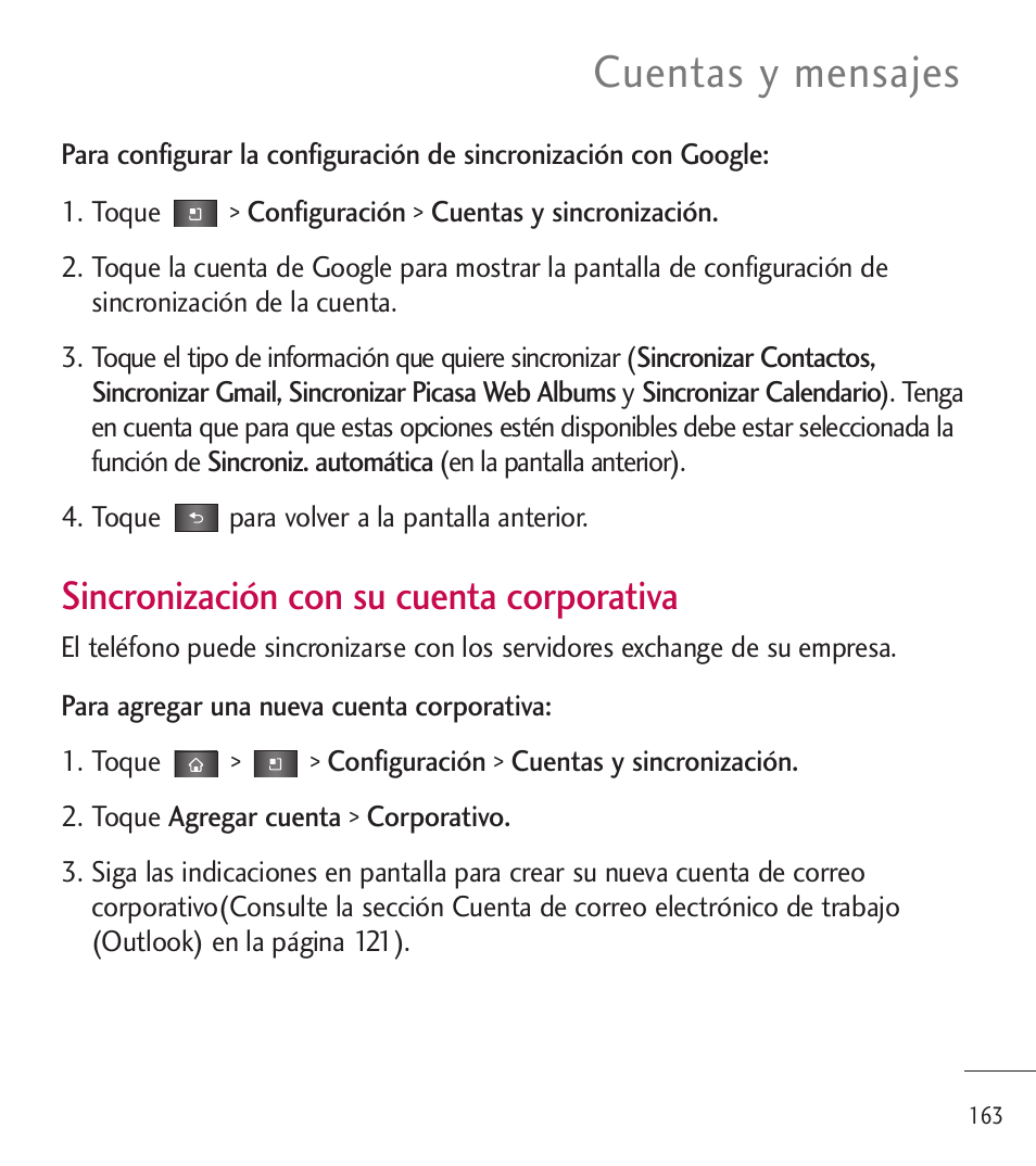 Cuentas y mensajes, Sincronización con su cuenta corporativa | LG LGL85C User Manual | Page 402 / 490