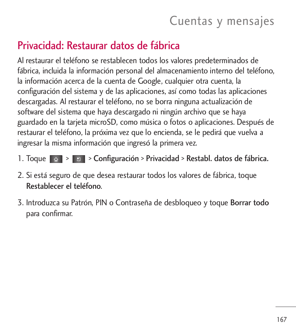 Cuentas y mensajes, Privacidad: restaurar datos de fábrica | LG LGL85C User Manual | Page 406 / 490