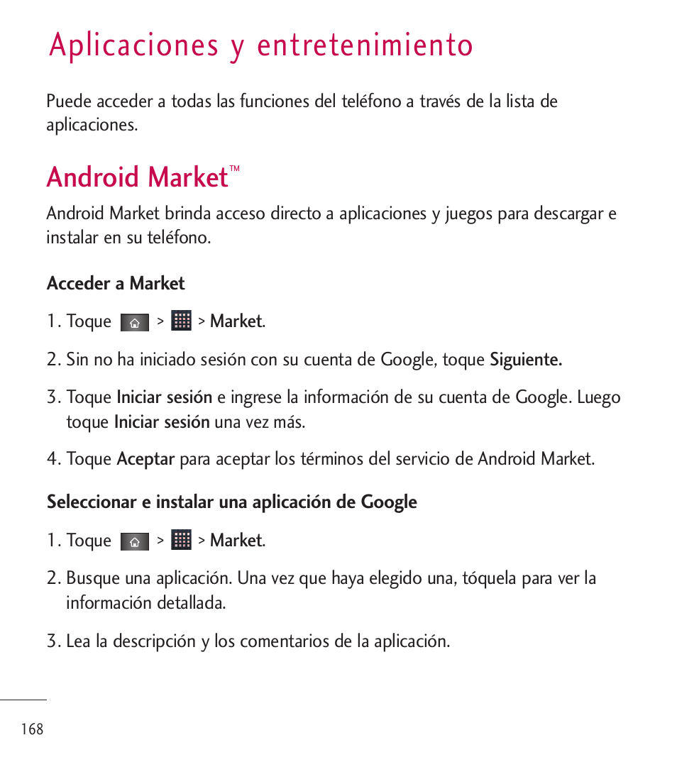 Aplicaciones y entretenimiento, Android market, Aplicaciones y entretenimiento168 | LG LGL85C User Manual | Page 407 / 490