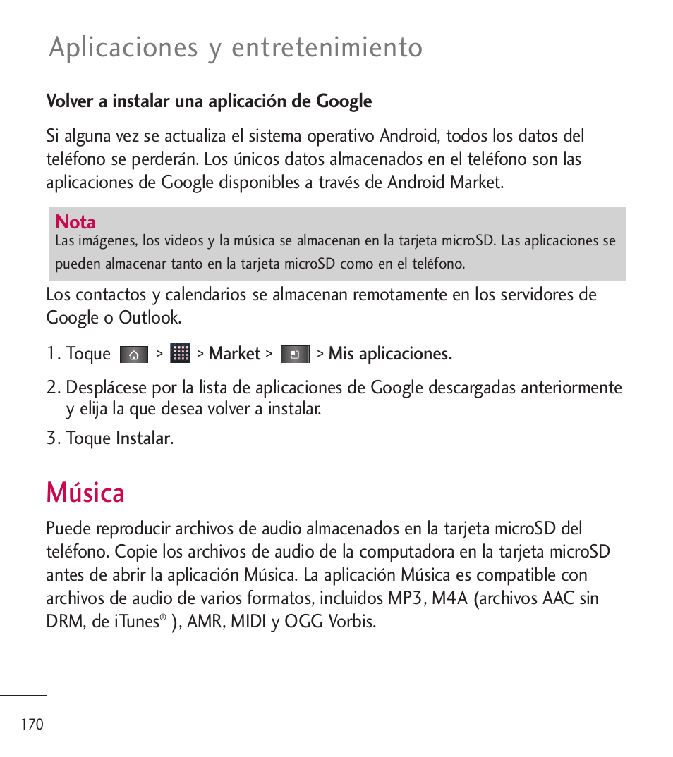 Música, Aplicaciones y entretenimiento | LG LGL85C User Manual | Page 409 / 490