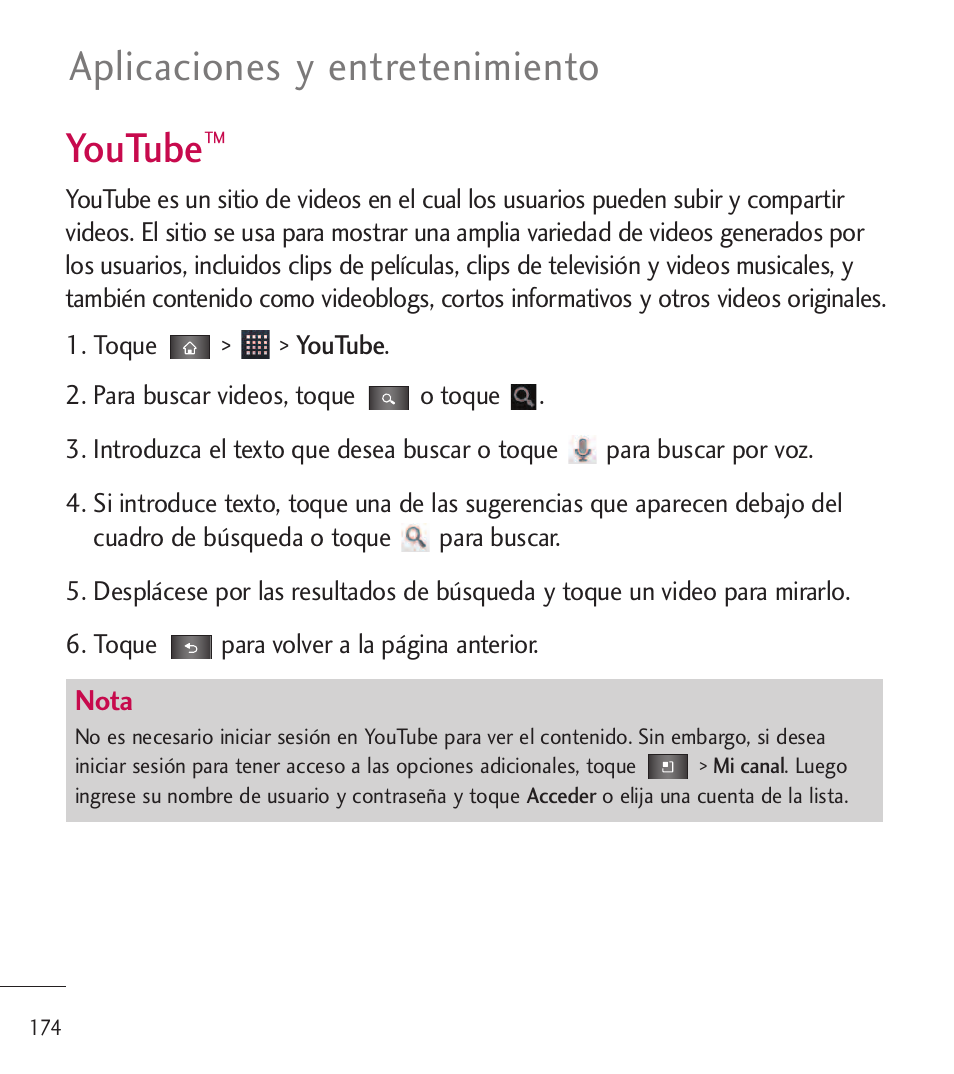 Youtube, Aplicaciones y entretenimiento | LG LGL85C User Manual | Page 413 / 490