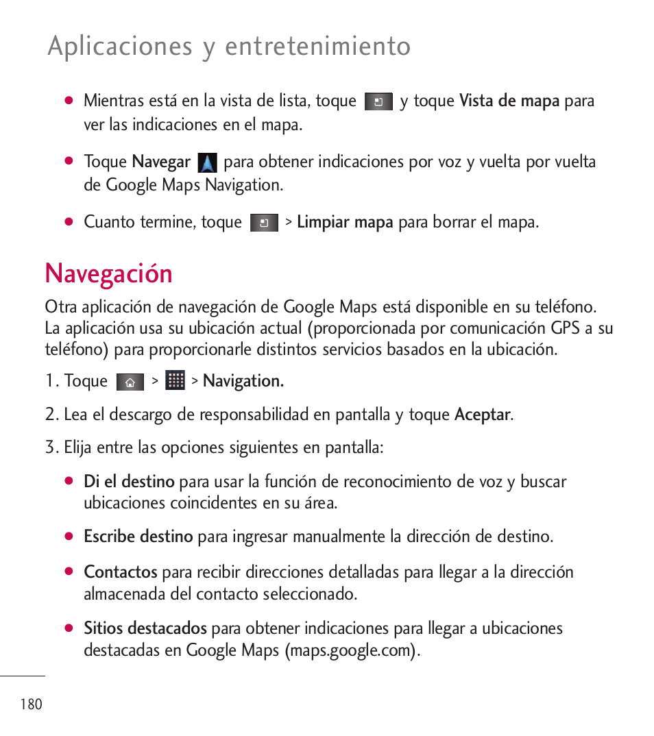 Navegación, Aplicaciones y entretenimiento | LG LGL85C User Manual | Page 419 / 490