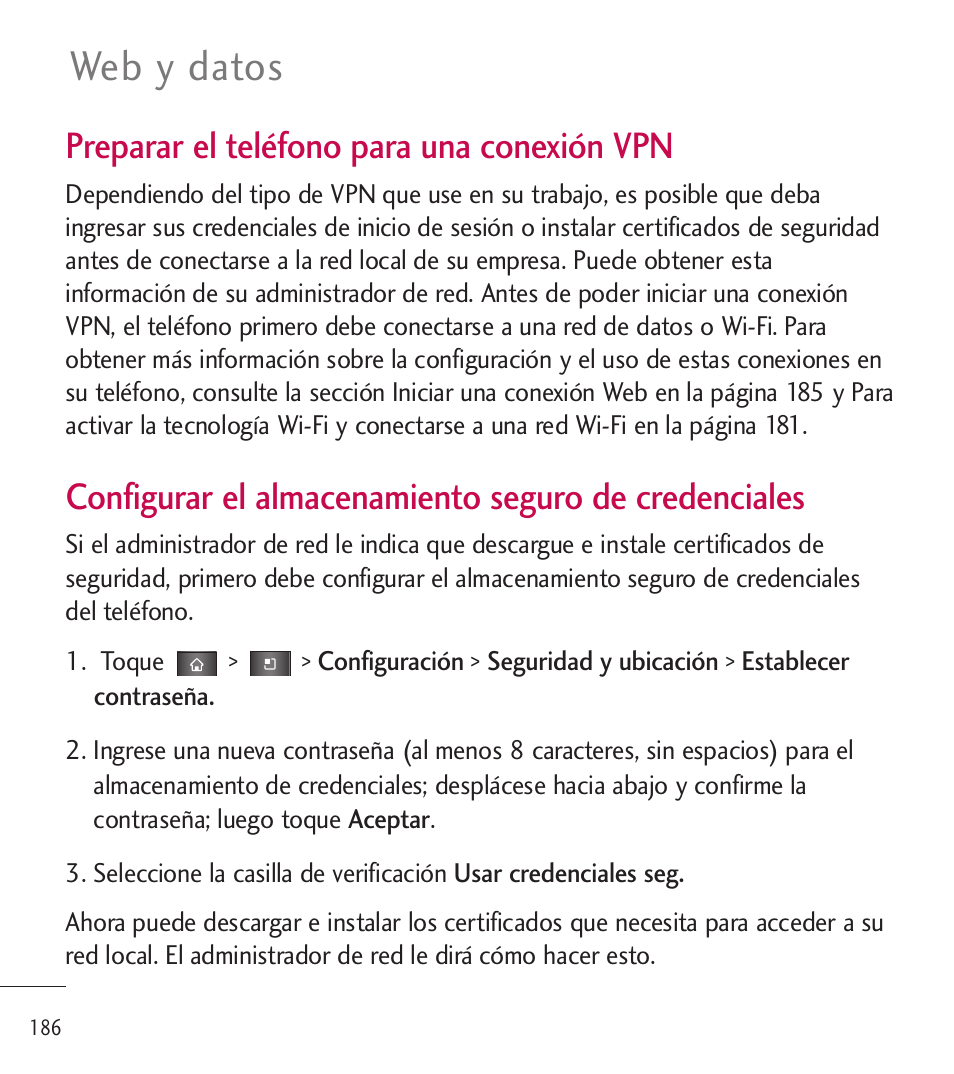 Web y datos, Preparar el teléfono para una conexión vpn | LG LGL85C User Manual | Page 425 / 490