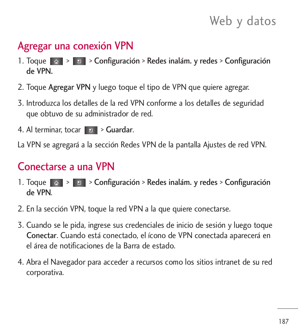 Web y datos, Agregar una conexión vpn, Conectarse a una vpn | LG LGL85C User Manual | Page 426 / 490