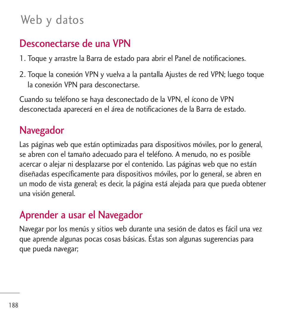 Web y datos, Desconectarse de una vpn, Navegador | Aprender a usar el navegador | LG LGL85C User Manual | Page 427 / 490