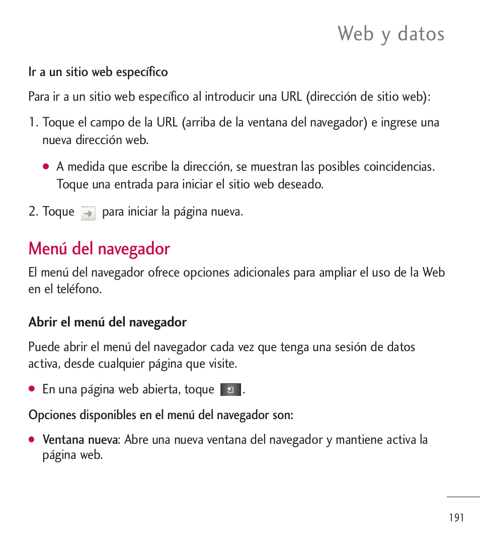 Web y datos, Menú del navegador | LG LGL85C User Manual | Page 430 / 490