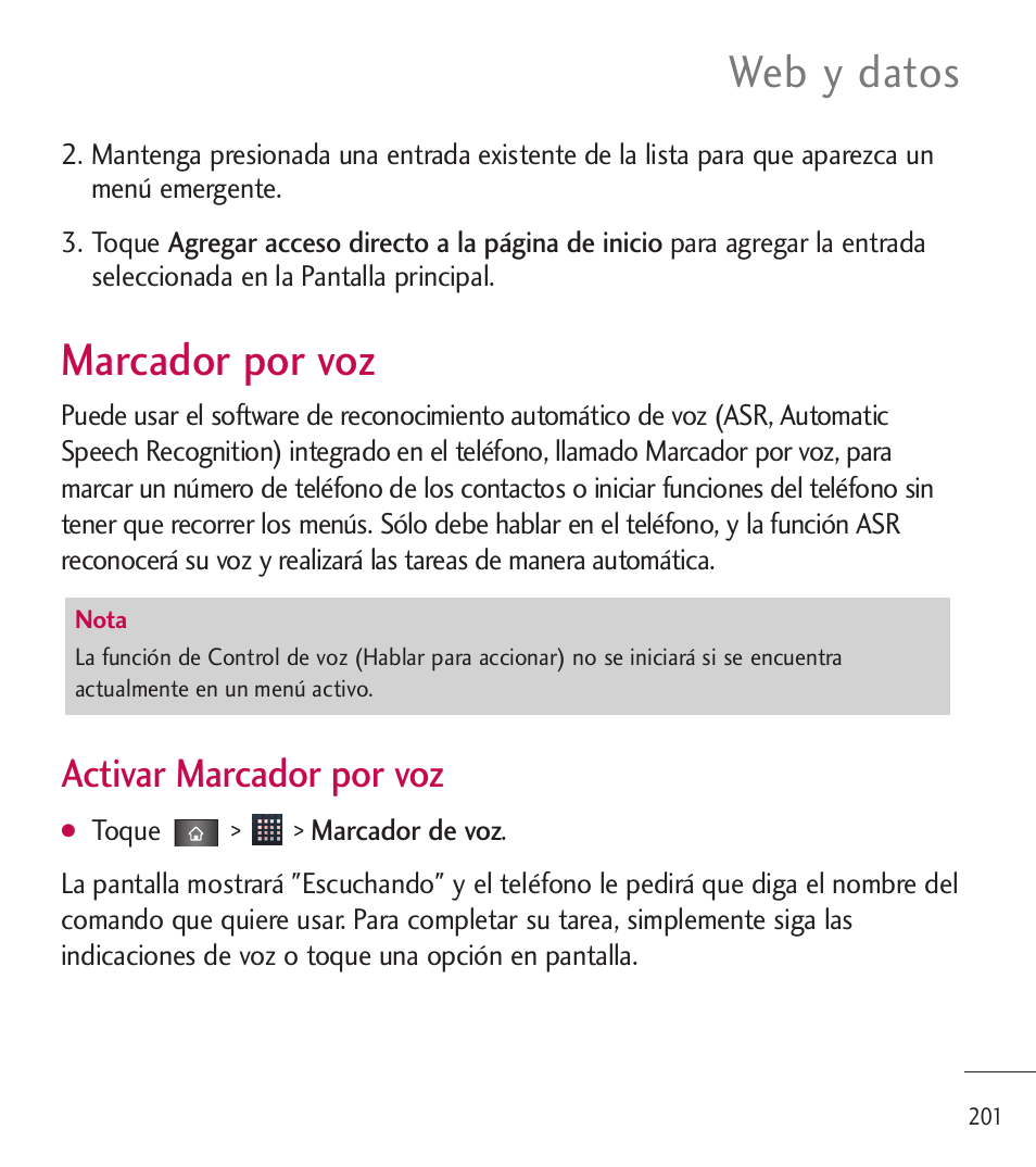 Marcador por voz, Web y datos, Activar marcador por voz | LG LGL85C User Manual | Page 440 / 490