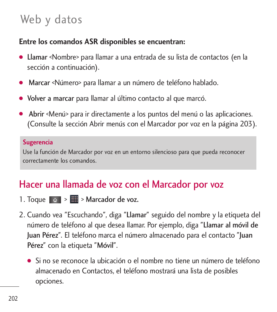 Web y datos, Hacer una llamada de voz con el marcador por voz, Entre los comandos asr disponibles se encuentran | LG LGL85C User Manual | Page 441 / 490