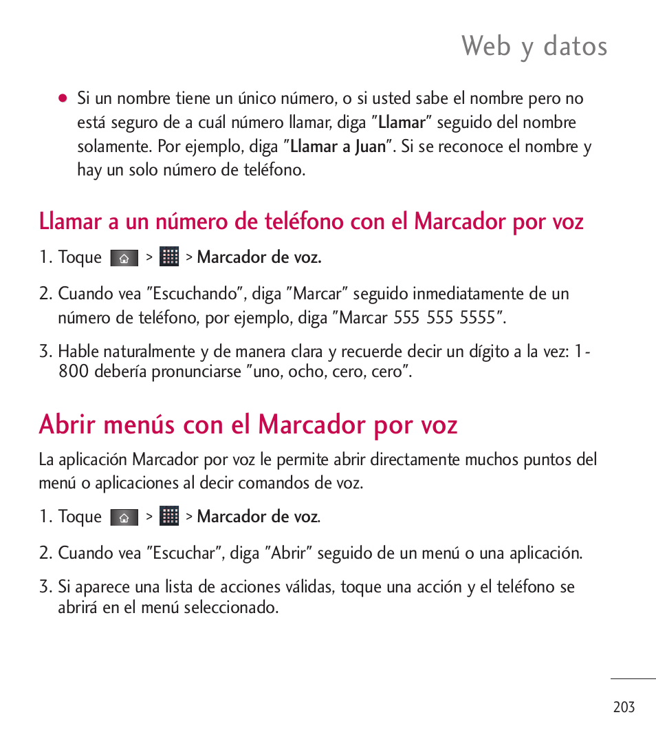 Abrir menús con el marcador por voz, Abrir menús con el marcador, Por voz | Web y datos | LG LGL85C User Manual | Page 442 / 490