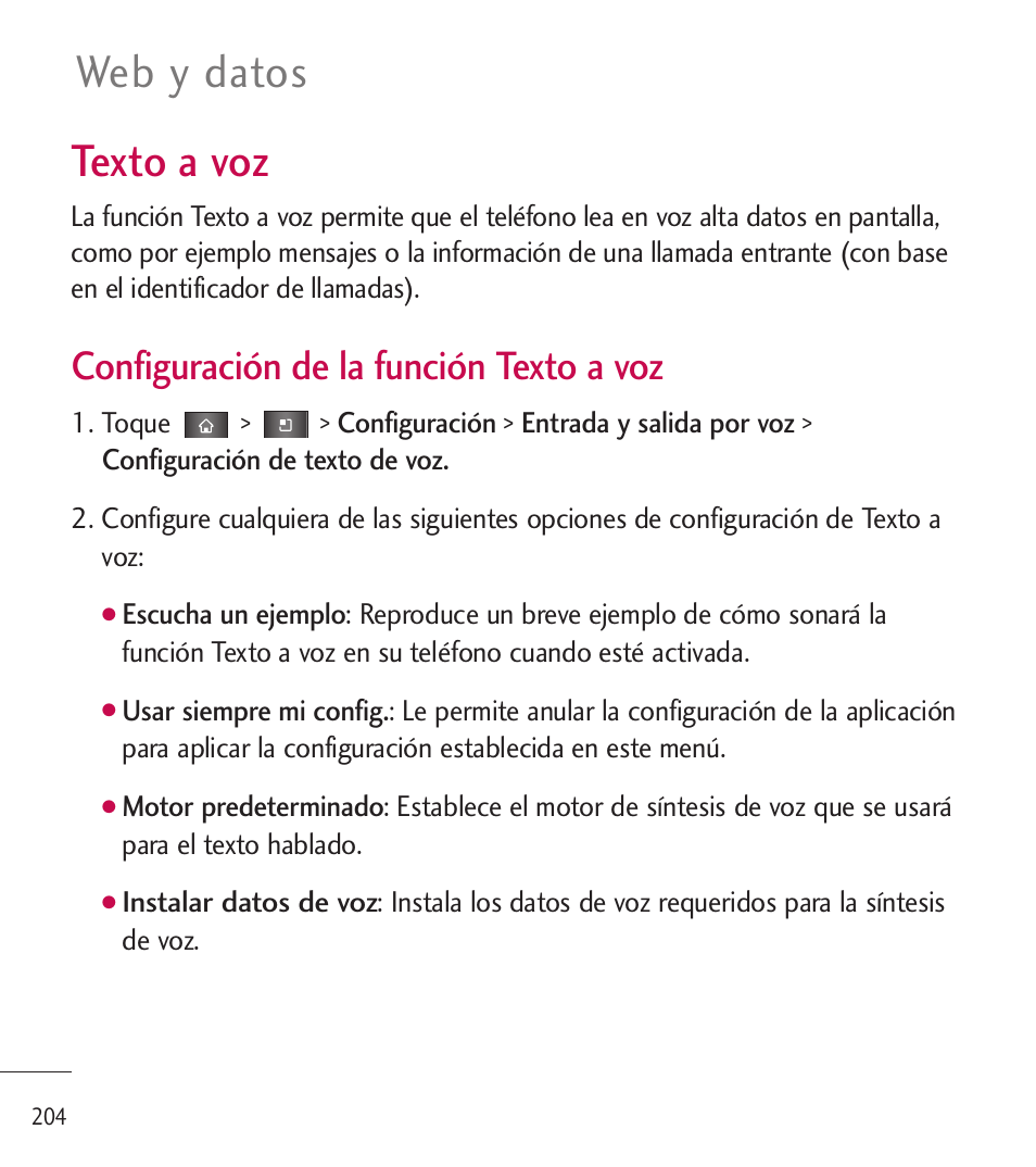 Texto a voz, Web y datos, Configuración de la función texto a voz | LG LGL85C User Manual | Page 443 / 490