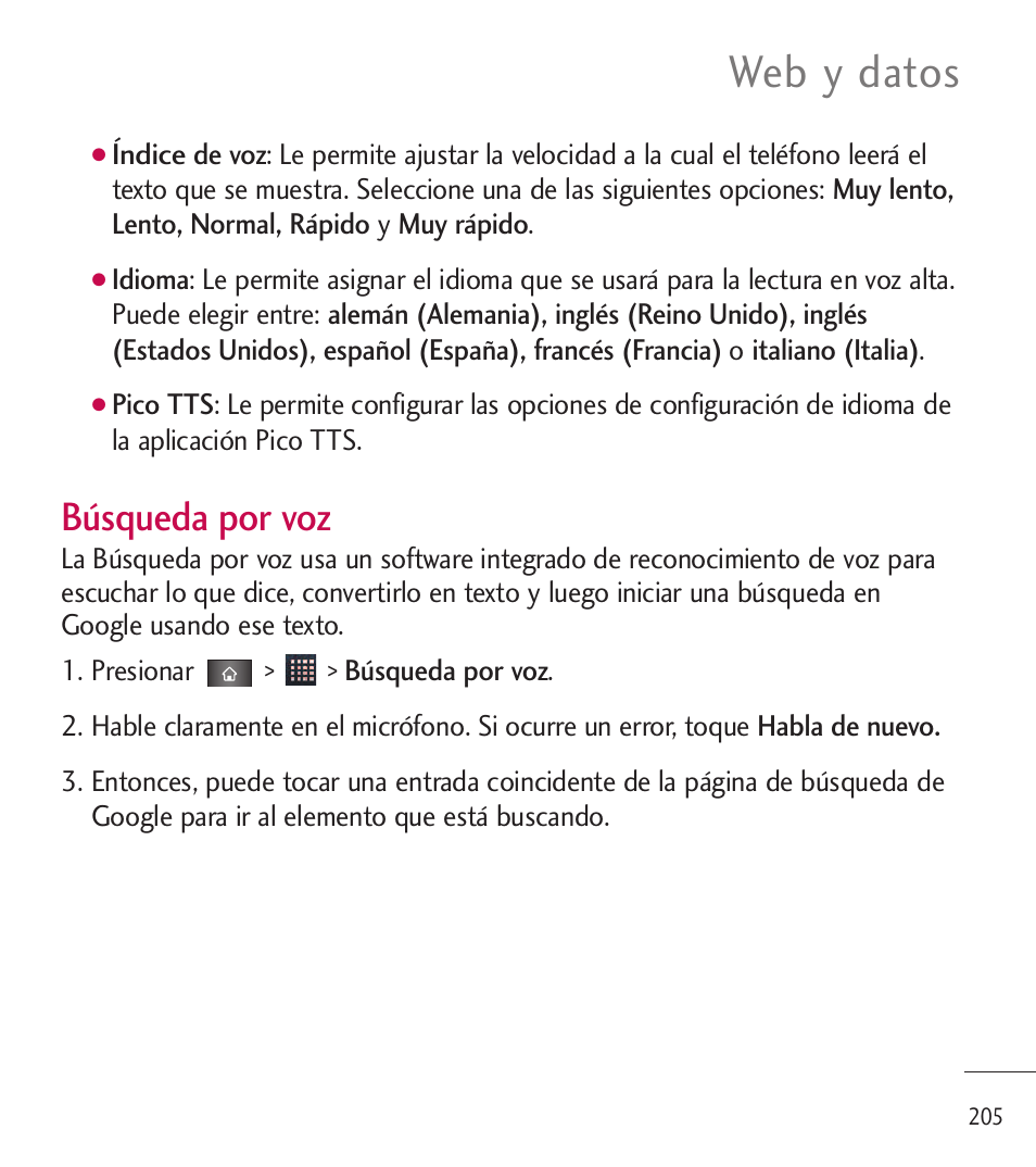 Web y datos, Búsqueda por voz | LG LGL85C User Manual | Page 444 / 490