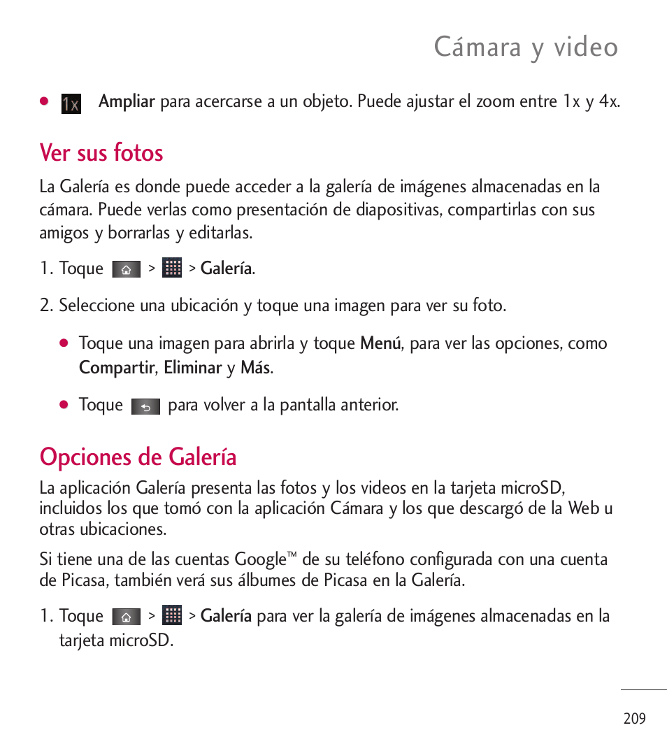 Cámara y video, Ver sus fotos, Opciones de galería | LG LGL85C User Manual | Page 448 / 490