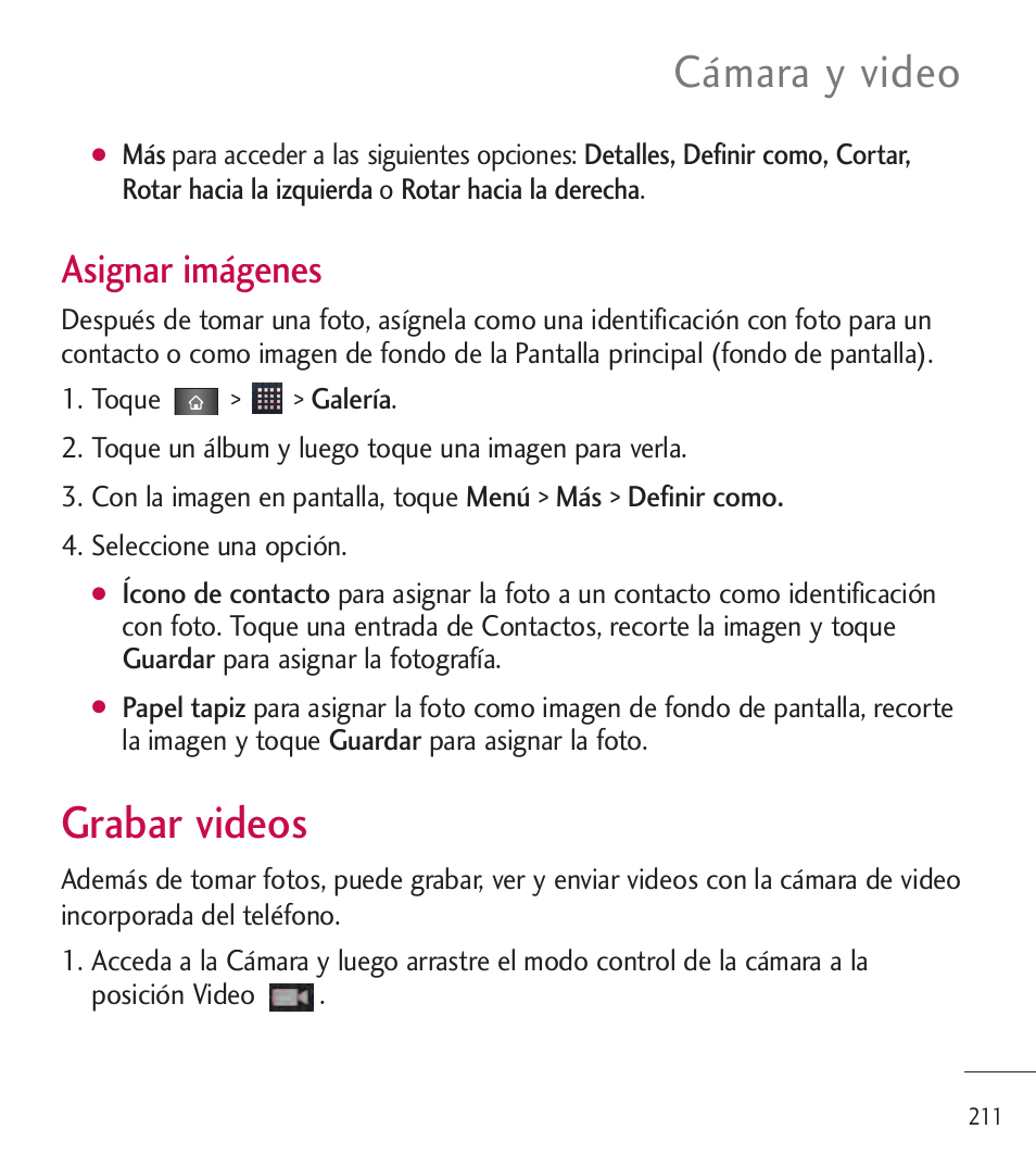 Grabar videos, Cámara y video, Asignar imágenes | LG LGL85C User Manual | Page 450 / 490