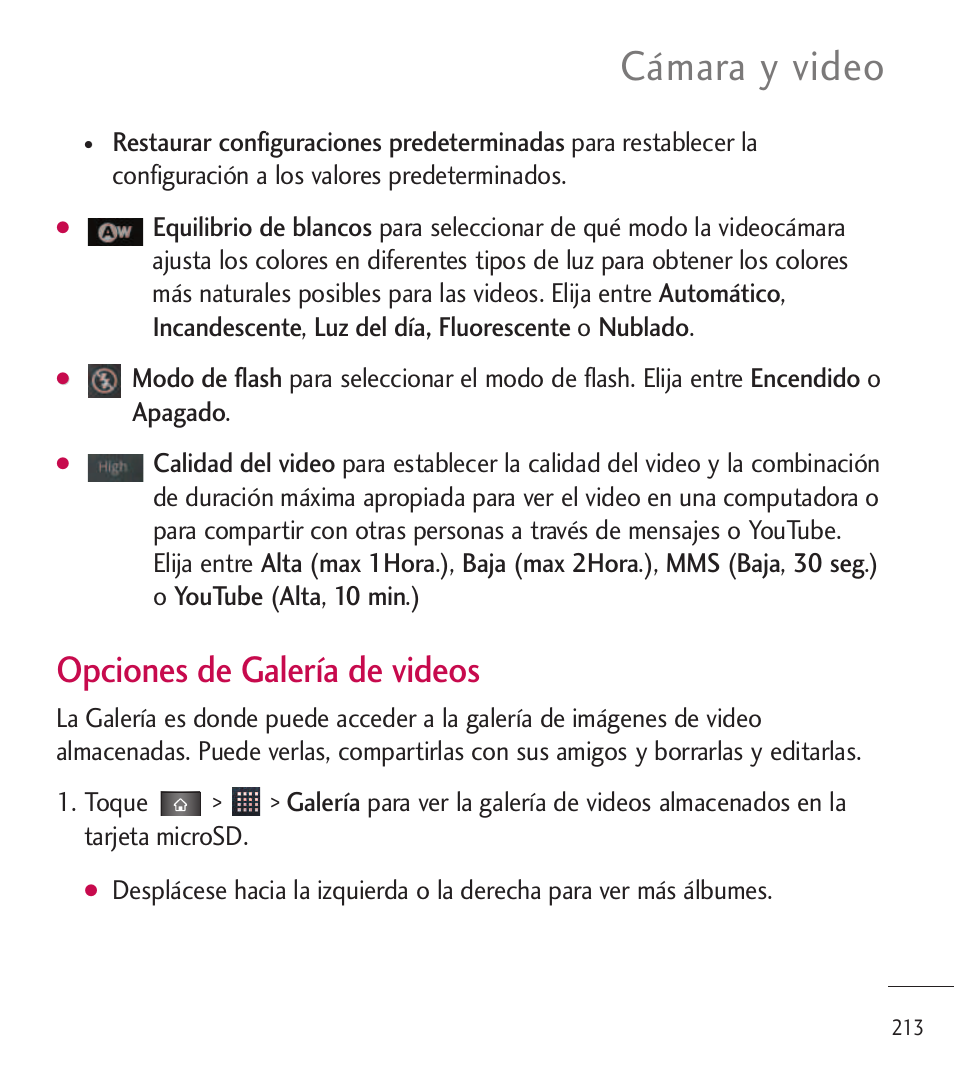 Cámara y video, Opciones de galería de videos | LG LGL85C User Manual | Page 452 / 490
