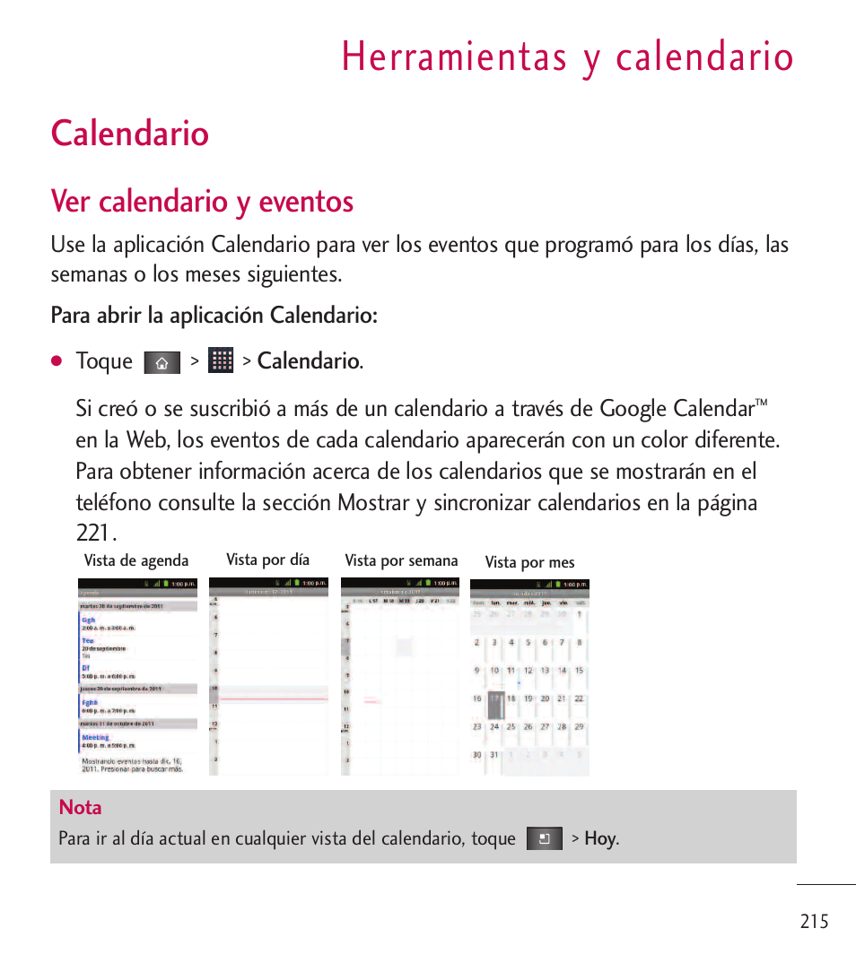 Herramientas y calendario, Calendario, Ver calendario y eventos | LG LGL85C User Manual | Page 454 / 490