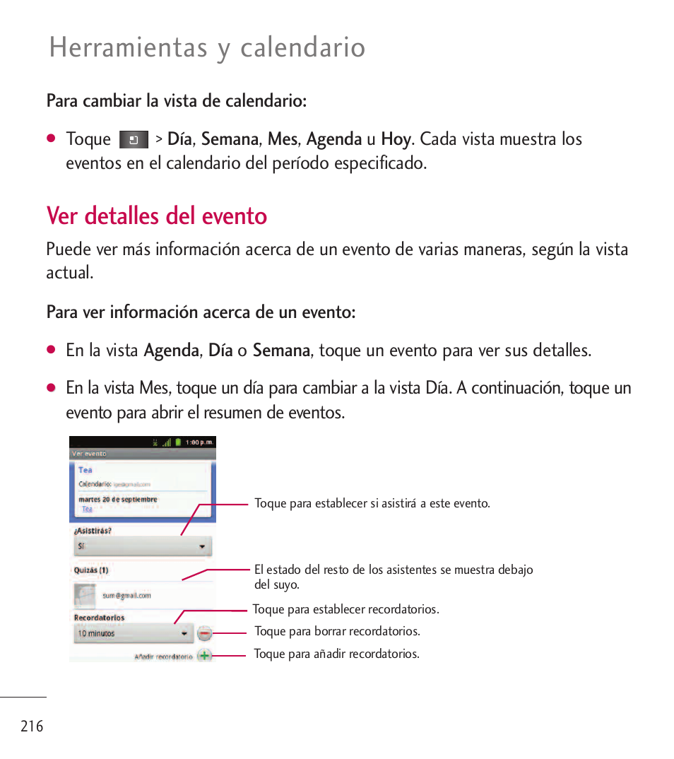 Herramientas y calendario, Ver detalles del evento | LG LGL85C User Manual | Page 455 / 490