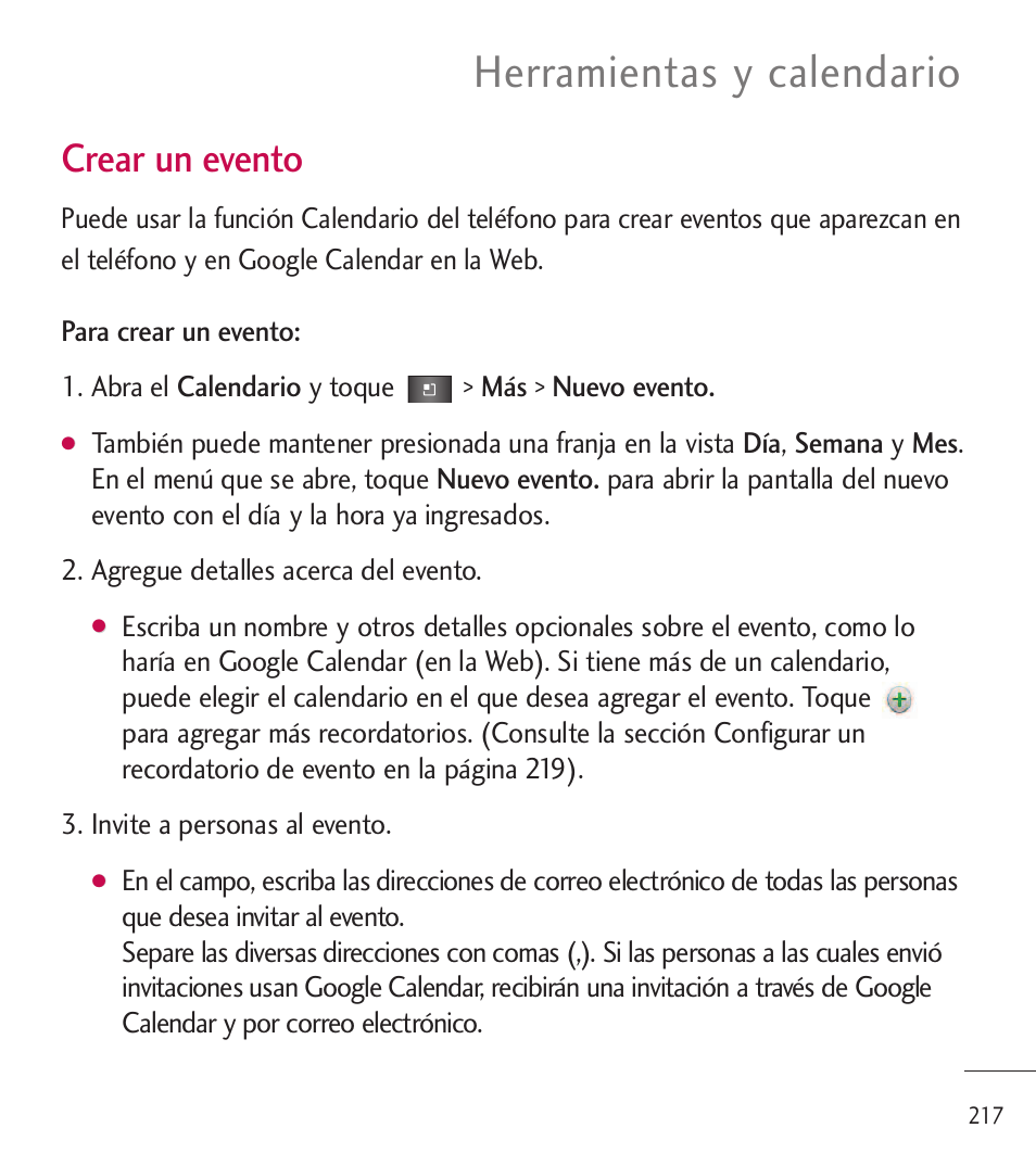 Herramientas y calendario, Crear un evento | LG LGL85C User Manual | Page 456 / 490