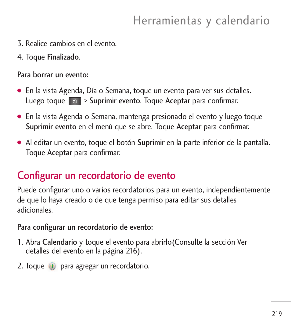 Herramientas y calendario, Configurar un recordatorio de evento | LG LGL85C User Manual | Page 458 / 490