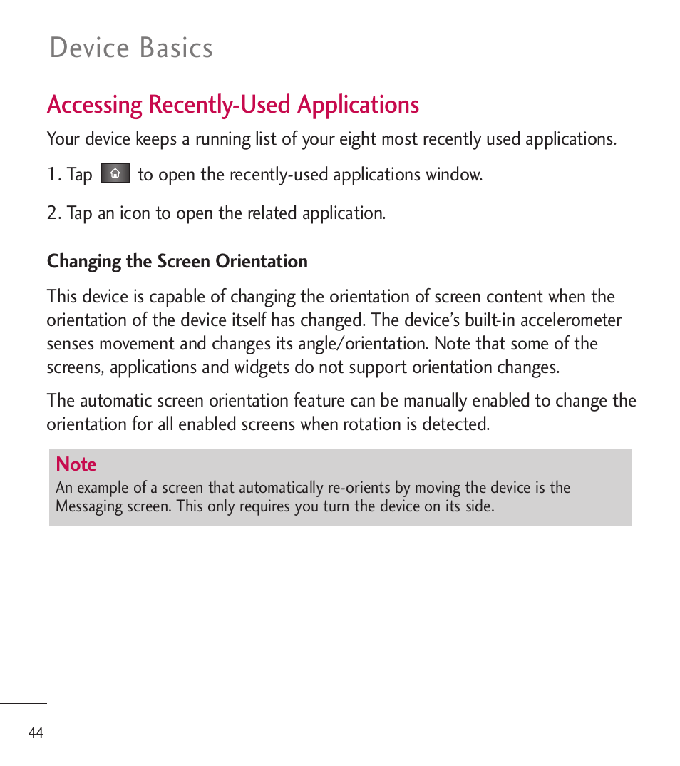 Device basics, Accessing recently-used applications | LG LGL85C User Manual | Page 46 / 490